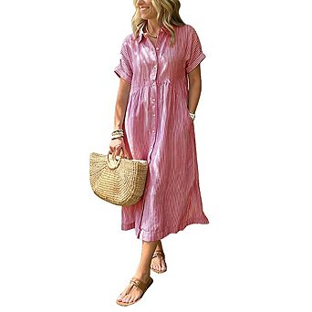 Women's Striped Shirt Midi Dress Short Sleeve Casual Daily Outdoor Wear