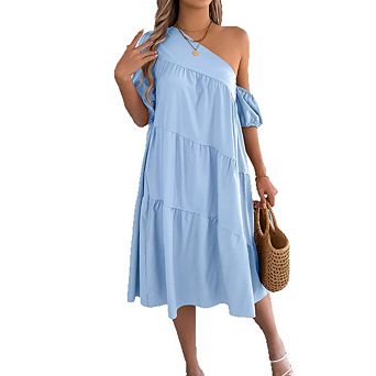 Women's One-Shoulder Puff Sleeve Tiered Midi Dress Casual Daily Vacation Wear