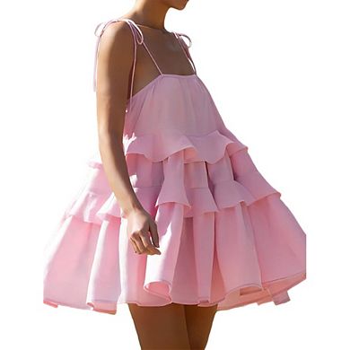 Women's Spaghetti Strap Tiered Ruffle Mini Dress Casual Summer Wear