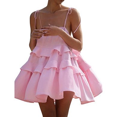 Women's Spaghetti Strap Tiered Ruffle Mini Dress Casual Summer Wear