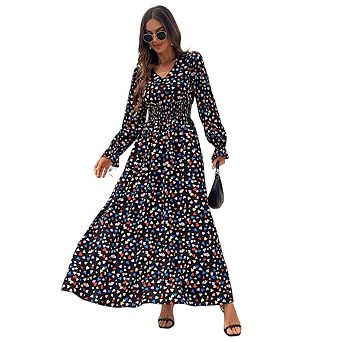 Women's Heart Print Long Sleeve Maxi Dress V-Neck Casual Vacation Daily Wear
