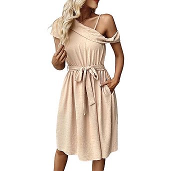 Women's One-Shoulder Midi Dress with Self-Tie Belt Casual Vacation Daily Wear