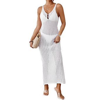 Women's Crochet Knit Maxi Dress Spaghetti Strap Casual Beach Vacation Wear