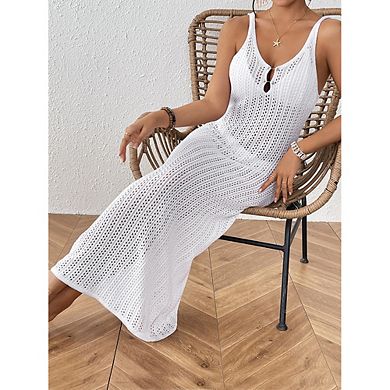 Women's Crochet Knit Maxi Dress Spaghetti Strap Casual Beach Vacation Wear