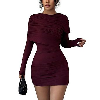 Women's Ruched Long Sleeve Mini Dress Asymmetric Neck Casual Party Evening Wear