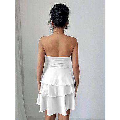 Women's Strapless Tiered Ruffle Mini Dress Casual Party Wear