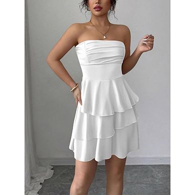 Women's Strapless Tiered Ruffle Mini Dress Casual Party Wear