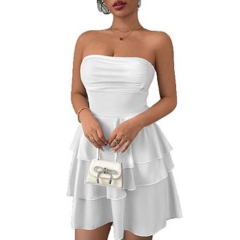 Women's Strapless Tiered Ruffle Mini Dress Casual Party Wear