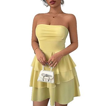 Women's Strapless Tiered Ruffle Mini Dress Casual Party Wear