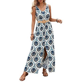 Women's Printed Sleeveless Maxi Dress with Belt Casual Vacation Daily Wear