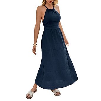 Women's Halter Neck Tiered Maxi Dress Sleeveless Casual Beach Vacation Wear