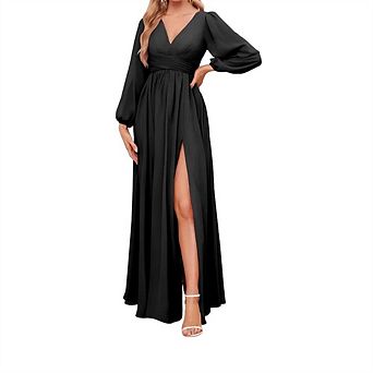 Women's Long Sleeve V-Neck Maxi Dress with Slit Formal Wedding Guest Wear