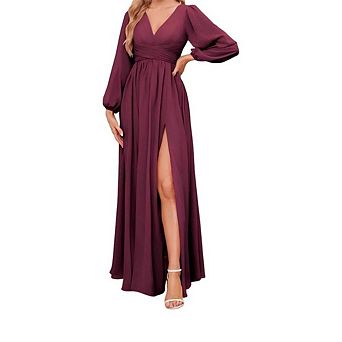 Women's Long Sleeve V-Neck Maxi Dress with Slit Formal Wedding Guest Wear