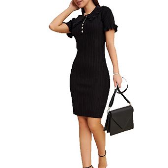Women's Peter Pan Collar Ribbed Knit Mini Dress Short Sleeve Casual Office Wear