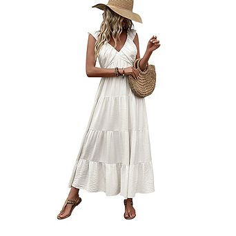 Women's Sleeveless V-Neck Tiered Maxi Dress with Ruched Waist Casual Vacation Wear