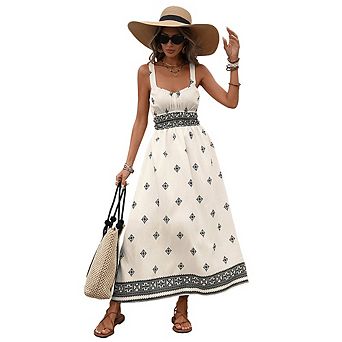 Women's Square Neck Sleeveless Print Maxi Dress with Smocked Waist Casual Vacation Wear