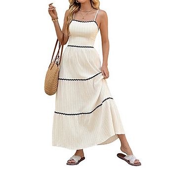 Women's Spaghetti Strap Square Neck Tiered Maxi Dress with Contrast Trim Casual Vacation Wear