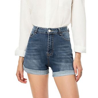 Women's High Waist Cuffed Denim Shorts, Stretchy Button Fly Rolled Hem Casual Shorts with Pockets