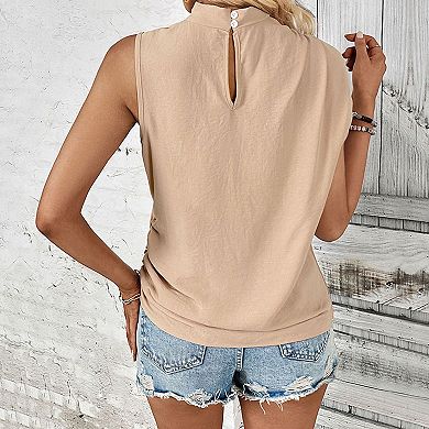 Women's Mock Neck Sleeveless Tank Top, Solid Shoulder Ruched Detail Relaxed Fit Casual Blouse
