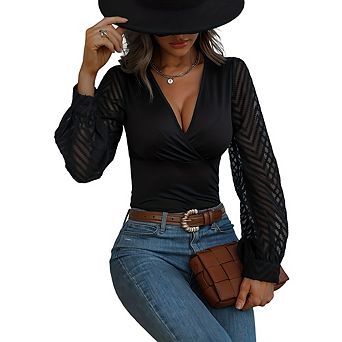 Women's V-Neck Mesh Long Sleeve Top, Slim Fit Wrap Blouse with Lantern Sleeves,Casual Elegant Shirts