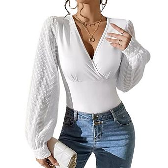 Women's V-Neck Mesh Long Sleeve Top, Slim Fit Wrap Blouse with Lantern Sleeves,Casual Elegant Shirts