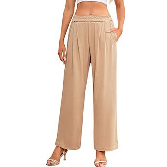 Women's High Waist Knit Wide Leg Pants, Elastic Waist Pleated Casual Trousers with Pockets