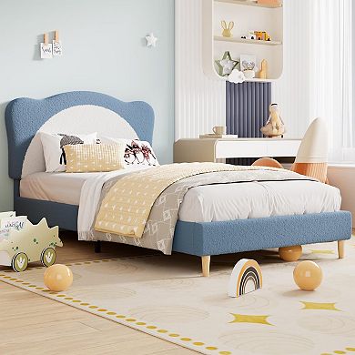 Panda Princess Bed Frame for Kids, Cute Velvet Upholstered Platform Bed with Wood Slats