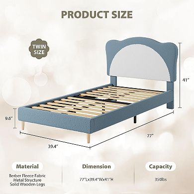 Panda Princess Bed Frame for Kids, Cute Velvet Upholstered Platform Bed with Wood Slats