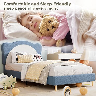 Panda Princess Bed Frame for Kids, Cute Velvet Upholstered Platform Bed with Wood Slats
