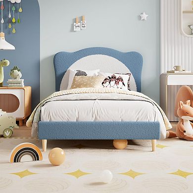 Panda Princess Bed Frame for Kids, Cute Velvet Upholstered Platform Bed with Wood Slats