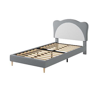 Panda Princess Bed Frame for Kids, Cute Velvet Upholstered Platform Bed with Wood Slats