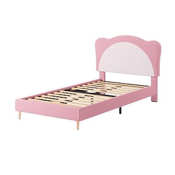 Panda Princess Bed Frame for Kids, Cute Velvet Upholstered Platform Bed with Wood Slats