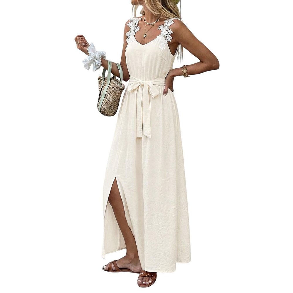 Женские платья Lace Trim Sleeveless Maxi Dress V-Neck with Belt Casual Vacation Wear