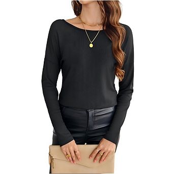 Women's Long Sleeve Ribbed Knit Top Crew Neck Butterfly Lace Open Back Fall Lightweight Shirt