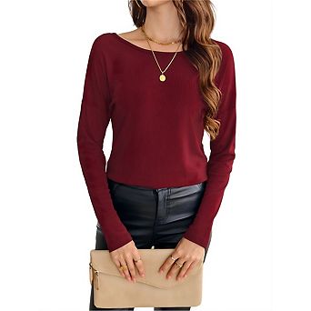 Women's Long Sleeve Ribbed Knit Top Crew Neck Butterfly Lace Open Back Fall Lightweight Shirt