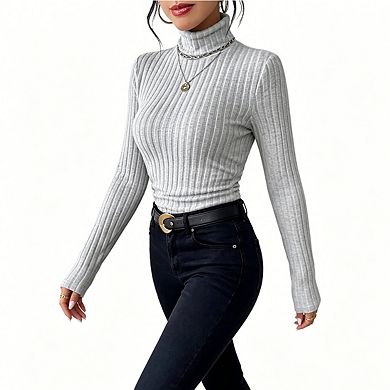 Women's Ribbed Turtleneck Sweater Form-Fitting Long Sleeve Knit Top