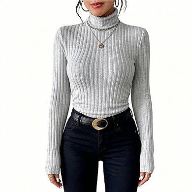 Women's Ribbed Turtleneck Sweater Form-Fitting Long Sleeve Knit Top