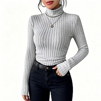 Women's Ribbed Turtleneck Sweater Form-Fitting Long Sleeve Knit Top