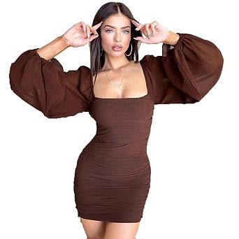 Women's Ruched Bodycon Mini Dress Square Neck with Chiffon Sleeves Casual Party Evening Wear