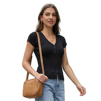 Button Down Shirts for Women Slim Fit Short Sleeve T Shirts Ribbed Knit Casual Summer Tops