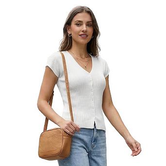 Button Down Shirts for Women Slim Fit Short Sleeve T Shirts Ribbed Knit Casual Summer Tops
