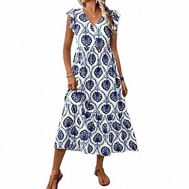 Womens Summer Floral Maxi Dress, Casual Boho V Neck Ruffle Short Sleeve Beach Long