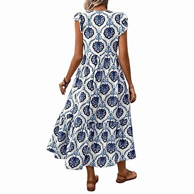 Womens Summer Floral Maxi Dress, Casual Boho V Neck Ruffle Short Sleeve Beach Long