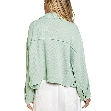 Women's Fashion Cropped Shacket Button Down Waffle Jackets Casual Long Sleeve Coat Tops
