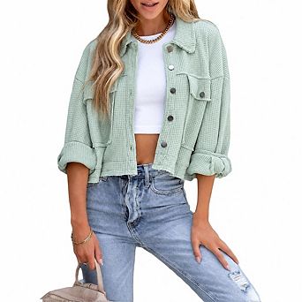Women's Fashion Cropped Shacket Button Down Waffle Jackets Casual Long Sleeve Coat Tops