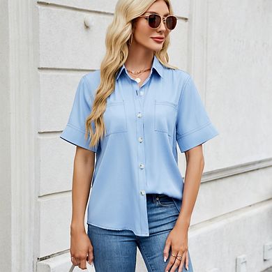 Women's Button Down Shirt Short Sleeve Work Shirt Casual Collared Loose Office Shirt