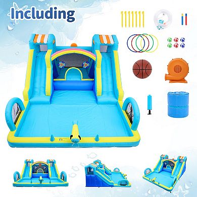 Double Water Slide Inflatable Bounce House, Durable Oxford Kids Jumping Castle with Blower