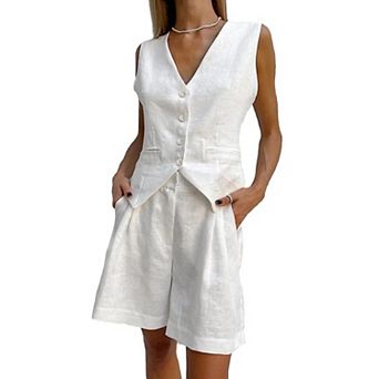Women's Casual 2 pc Linen Set, Sleeveless V‑Neck Vest & Pleated High Waist Shorts with Pockets