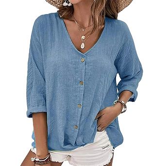 3/4 Sleeve Blouses for Womens Summer V Neck Button Shirts Dressy Casual Beach Tunic Tops