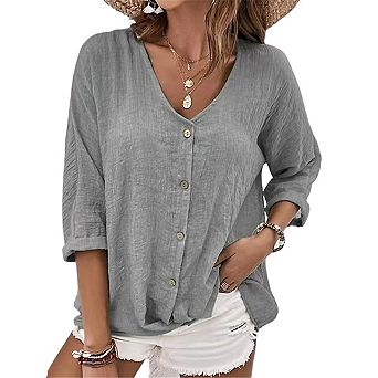 3/4 Sleeve Blouses for Womens Summer V Neck Button Shirts Dressy Casual Beach Tunic Tops